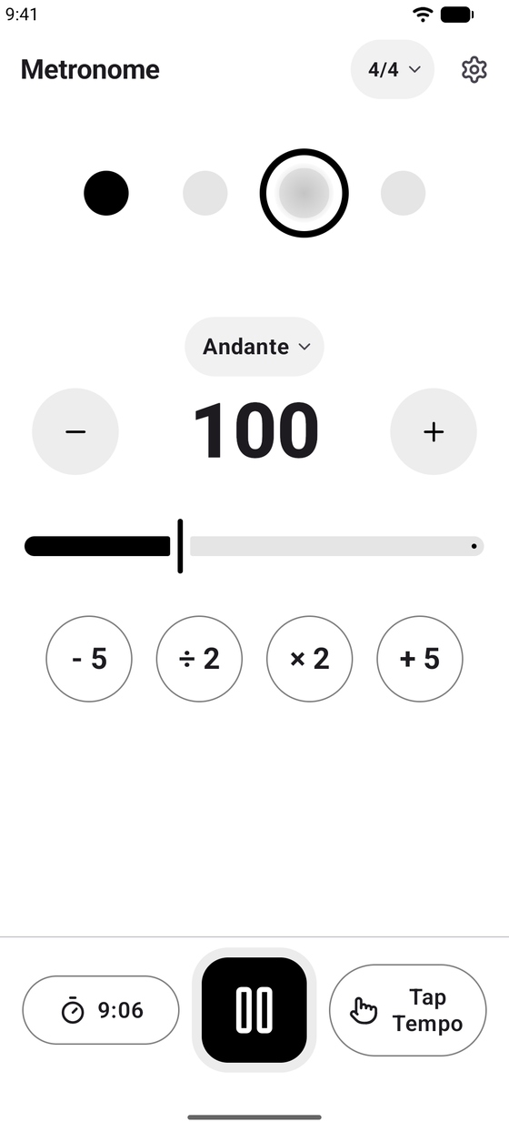 The metronome screen running at 100 BPM in 4/4, marked Andante: four beat dots with the first accented, the tempo slider and fine steps, and a bottom bar holding a 9:06 timer, pause, and tap tempo.