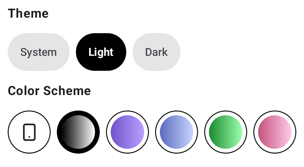 The appearance settings, with Theme set to Light alongside System and Dark, above a row of colour scheme swatches.